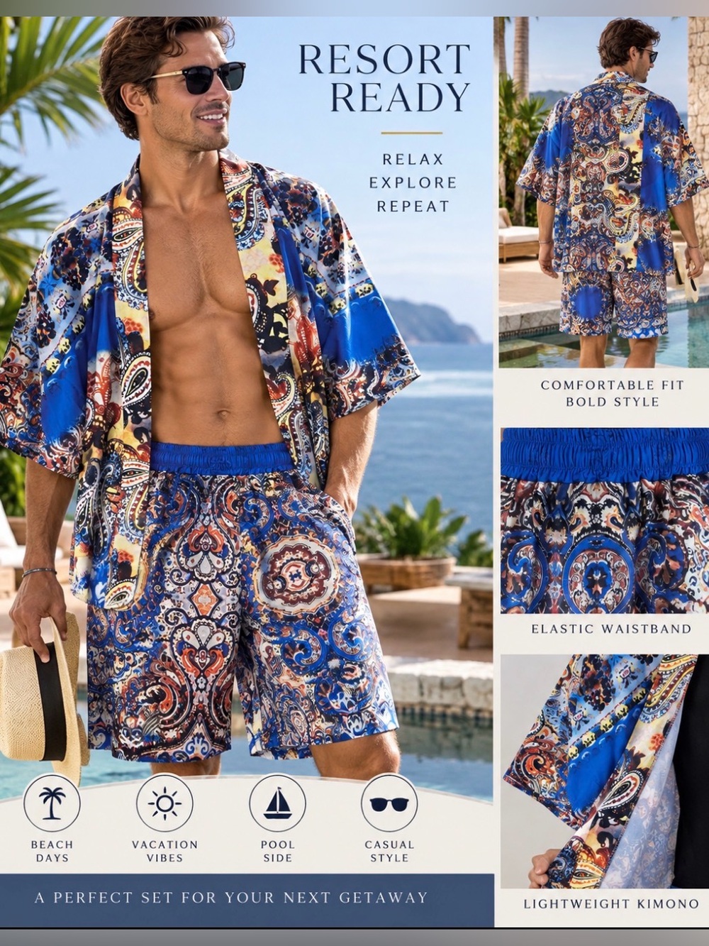 Men’s Large Paisley Kimono Shorts 2 Piece Resort Set Blue Boho Vacation